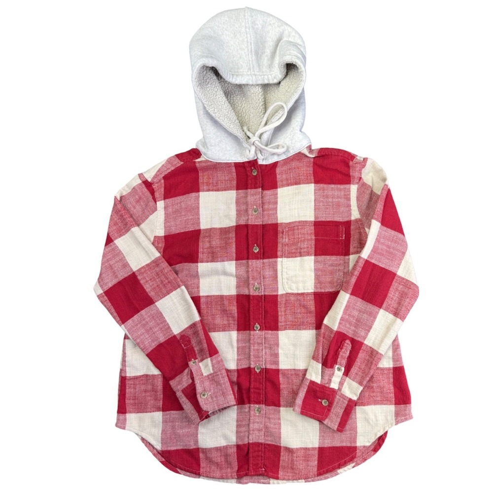 American Eagle Hooded Plaid Flannel‎ Jacket Sherpa Lined Hood Red Cream XS
